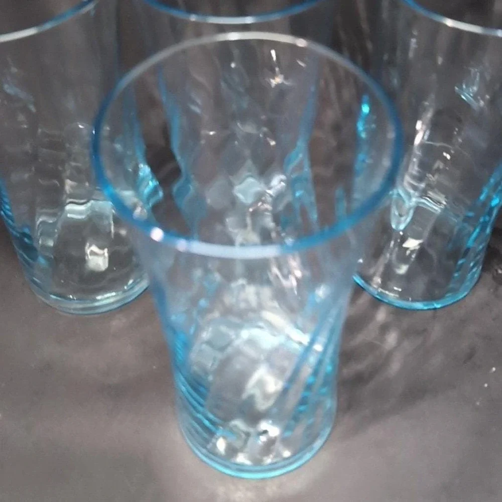 Wheaton‎ Blue Tint Highball Glasses, Set of 4, Vintage Optic Swirl Pressed Glass